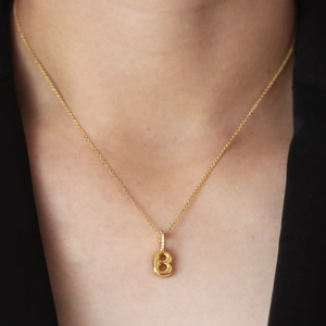Gold balloon bubble letter B pendant necklace for women with cubic zirconia accents