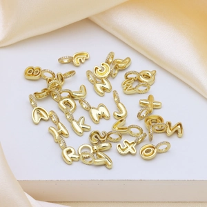 Gold balloon bubble 26 initial letter pendants with zircon inlaid hoops on satin decor