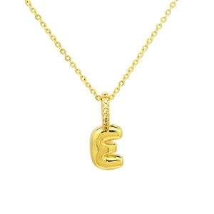 Macro shot of 18k gold plated letter E balloon pendant with zircon encrusted bail