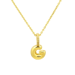 Macro detail of 18K gold bubble letter G pendant with zircon-encrusted bail on thin chain