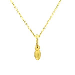 Detail of gold bubble pendant with micro-paved cubic zirconia on polished cross chain