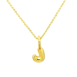 Detail view of gold bubble letter J pendant with shimmering zircon pavé bail and cross chain