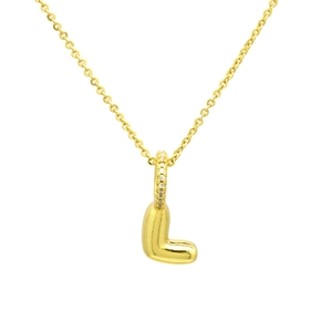 Macro view of gold puffy letter L pendant necklace with cubic zirconia paved on bail