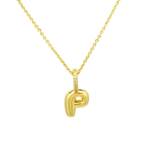 Macro detail of 3D puffy balloon letter P pendant with sparkling pavé cubic zirconia bail