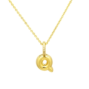 Close-up of golden balloon Q pendant necklace with paved cubic zirconia details