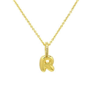 Close-up of gold 3D balloon initial R pendant with zircon-studded clasp on a chain