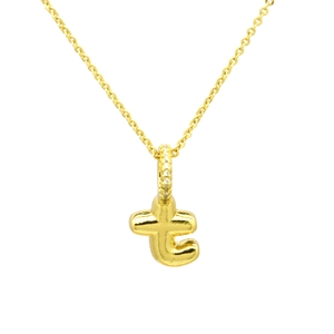Detailed view of a gold-plated bubble letter t pendant necklace with pavé zircon bale
