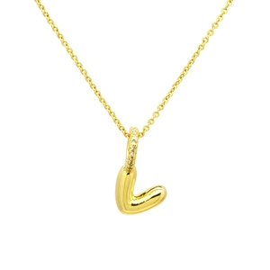 Macro detail of puffy gold balloon letter L pendant with pavé cubic zirconia bail on chain