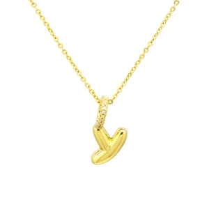 Detailed view of bubble initial Y pendant with zircon encrusted clasp on gold chain