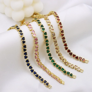 Copper Heart Colorful Zirconia Tennis Bracelet Gold Plated Elegant High End Fashion Jewelry Accessory Gift For Women
