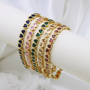 Luxurious gold-plated heart bracelet set featuring colorful cubic zirconia stones