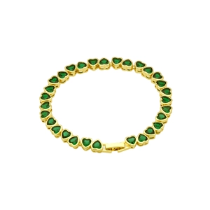 Detailed view of heart-shaped emerald green zircon bracelet with gold-plated link chain