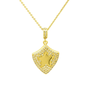 Detailed close-up of a gold shield pendant necklace with a star and sparkling cubic zirconia