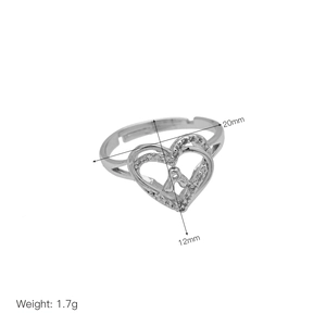 Silver heart ring with letter A and zircon stones in an adjustable open design