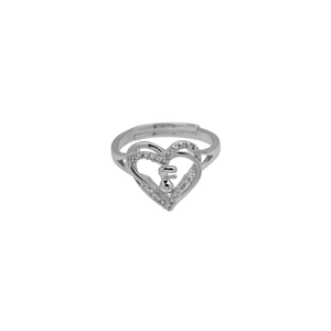 Close-up of heart-shaped open ring with cubic zirconia and letter F engraving