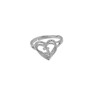 Detail of silver heart ring featuring an inlaid letter J and sparkling zircon accents