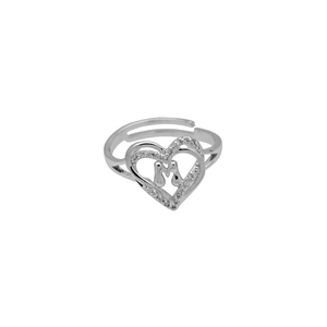Detail of silver heart-shaped ring with M initial and zircon stones on open band