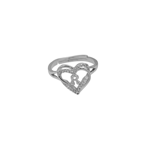 Detail view of heart-shaped ring with letter R inlay and pavé zircon stones