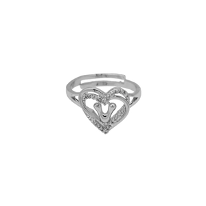 Detail view of silver heart ring with zircon inlay and engraved letter U detail