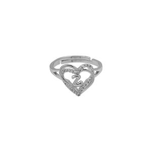 Macro shot of silver heart ring with zircon stones and letter Z engraving