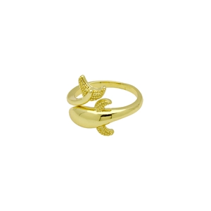 Detailed view of adjustable gold-plated whale ring with polished mirror finish