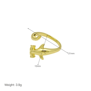 Detail of 18k gold plated hammerhead shark ring with 21mm span and 15mm width measurements