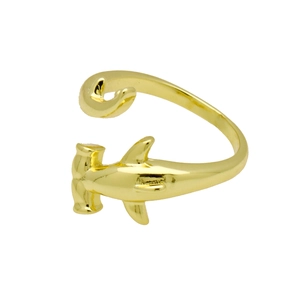Polished 18k gold plated hammerhead shark open ring with adjustable ocean design band