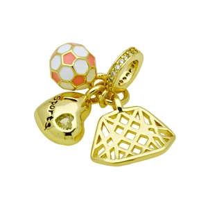 Ciondolo sportivo dorato con pallone da calcio in smalto rosa e cuore inciso per bracciali
