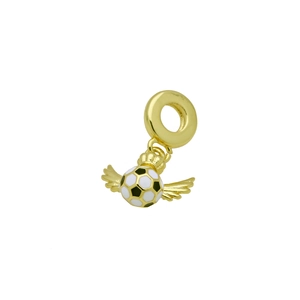 Detailed view of golden soccer ball pendant with white wings and enamel finish