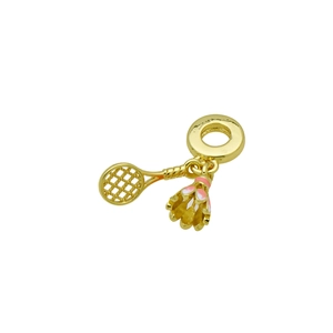 Detail of a golden tennis racket and shuttlecock charm for personalized bracelets