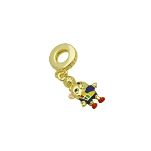Detailed view of a golden cartoon soccer charm with blue and red enamel finish for bracelets