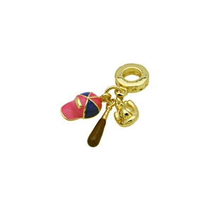 Detail of baseball charm with pink cap, bat, and golden glove on polished ring