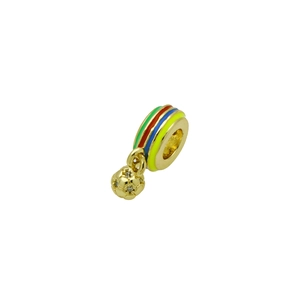 Detail of golden football charm with colorful enamel stripes and white sparkling crystals