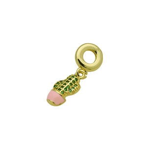 Macro detail of a gold cactus charm with green crystals and pink enamel for bracelets