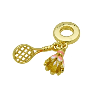 Golden badminton racket and shuttlecock pendant charm with pink enamel for sports jewelry