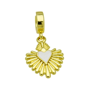 Pendentif cœur plaqué or 18k avec texture rayon de soleil et émail blanc central
