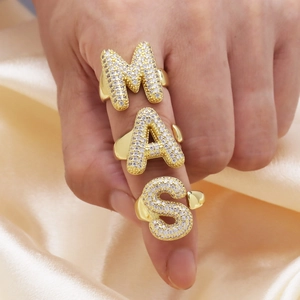 18K Verguld Koper Pave Zirconia Alfabet Letter A-Z Open Verstelbare Ringen Voor Vrouwen Gepersonaliseerde Ballonbel Sieraden