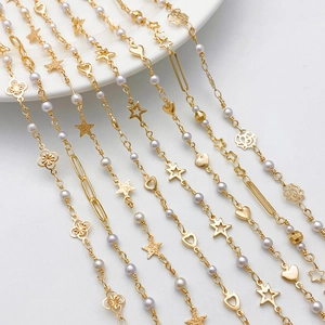 14K Gold Plated Copper Artificial Pearl Chain With Star Heart Rose Links For DIY Necklace Bracelet Jewelry Making Materials Findings