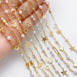 14K gold plated chain with white pearls, heart and star charms for DIY jewelry making