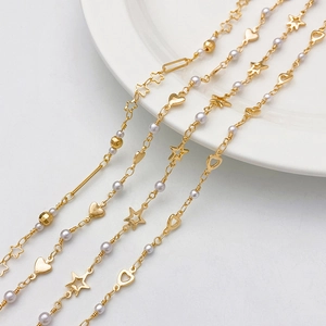 14K gold plated chain with white pearls, gold stars and heart charms for DIY jewelry