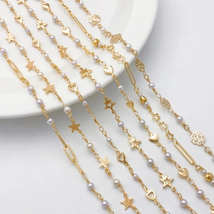 14K gold plated chain with pearls, stars, and heart charms for DIY jewelry making