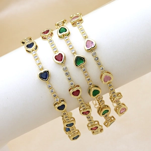 Women Zircon Heart Bracelet Gold Plated Copper Colorful Sparkling Gemstone Fashion Jewelry Gift Adjustable Chain