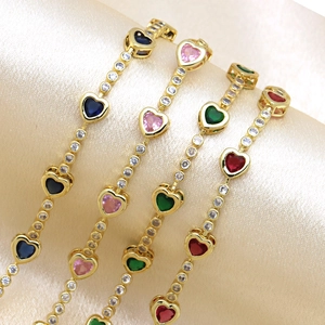 Elegant gold-plated bracelet with colorful heart-shaped zircon stones and round crystals