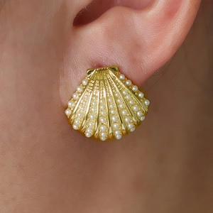 Lussuosi Orecchini a Bottone a Forma di Conchiglia Placcati Oro Per Donna Perla Artificial Sintetica Zircone Ispirazione Marina Gioielli