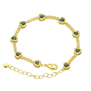 Detail of gold-plated heart bracelet with blue zircon stones and lobster clasp closure