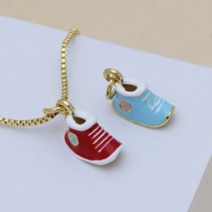 Cute enamel sneaker pendant necklace set in red and blue colors with golden box chain