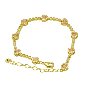 Detail of gold heart bracelet with pink gems, lobster clasp, and adjustable extender