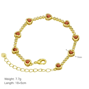 Gold-plated heart bracelet with red zircon and adjustable extension chain for women