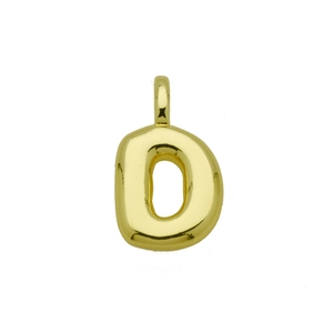 Macro detail of a 3D bubble letter D pendant in polished gold finish with a shiny surface