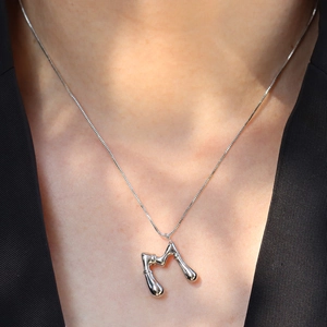 Elegant silver bubble initial M letter necklace with polished box chain for women